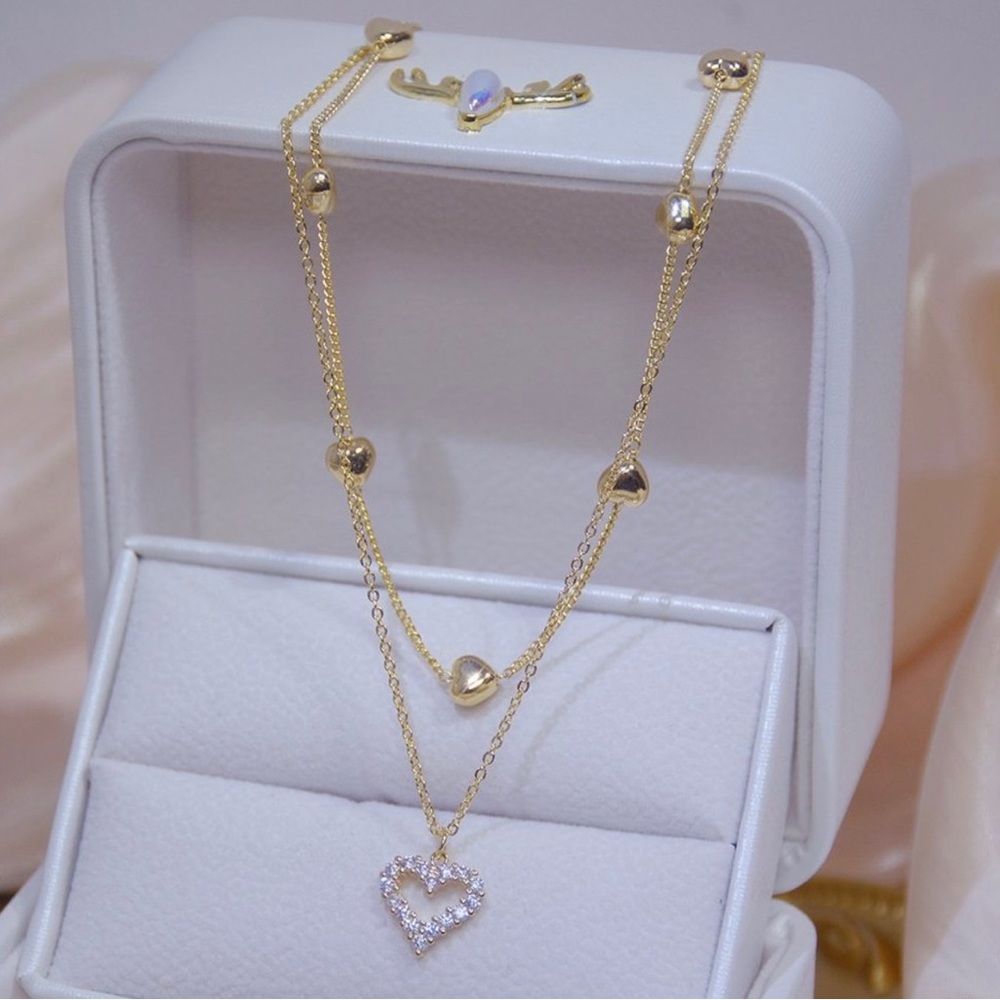 14k Gold plated hearts diamond layer necklace
